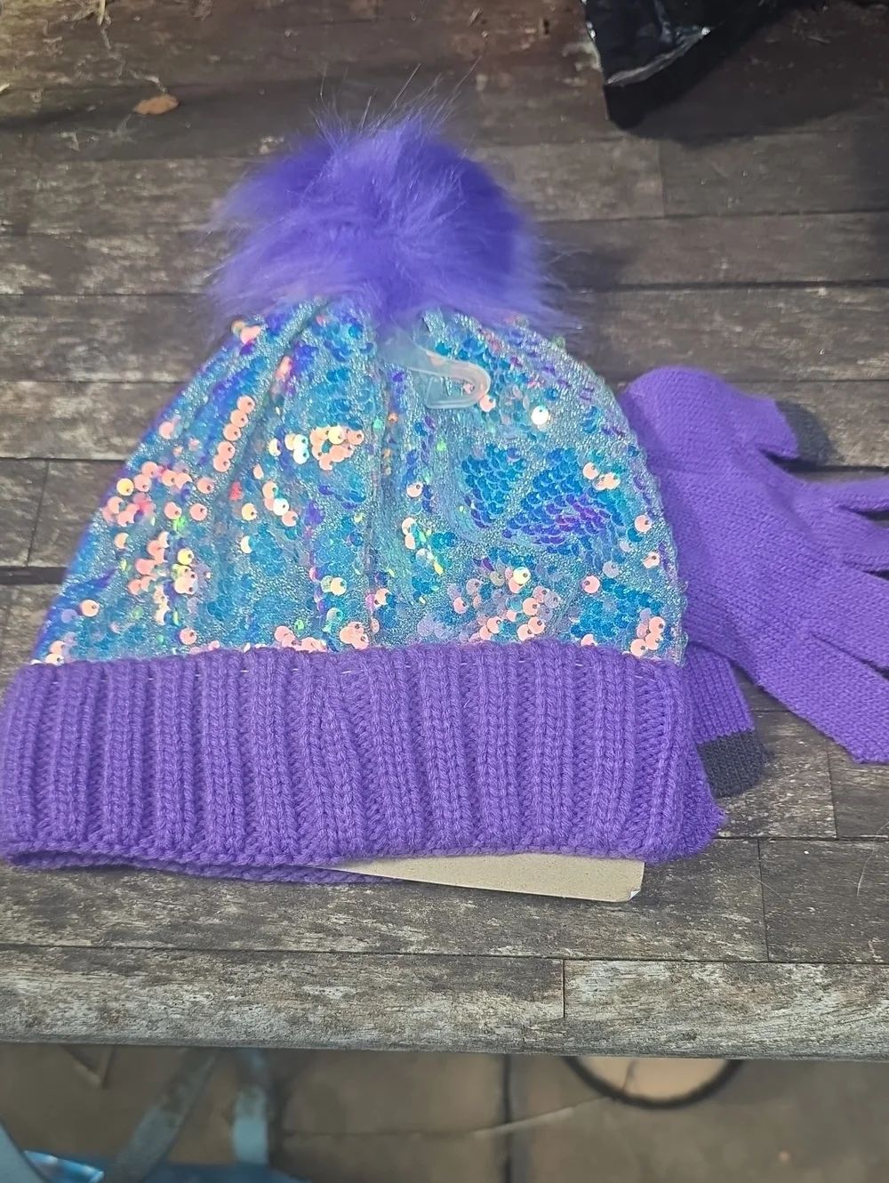 Justice Purple Knit Beanie with Blue Iridescent Sequins and Pom
